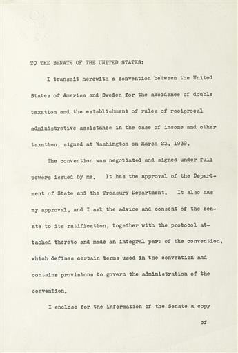 ROOSEVELT, FRANKLIN D. Typed Letter Signed, as President, to the Senate of the United States,